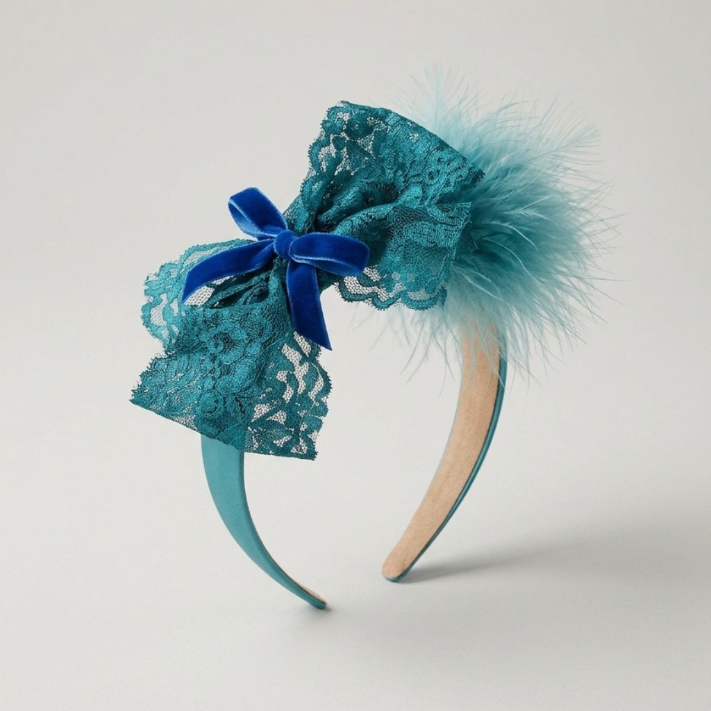blue-feather-hairband-accessory.jpg Elegant blue feather hairband with lace and velvet bow detail on a plain background.