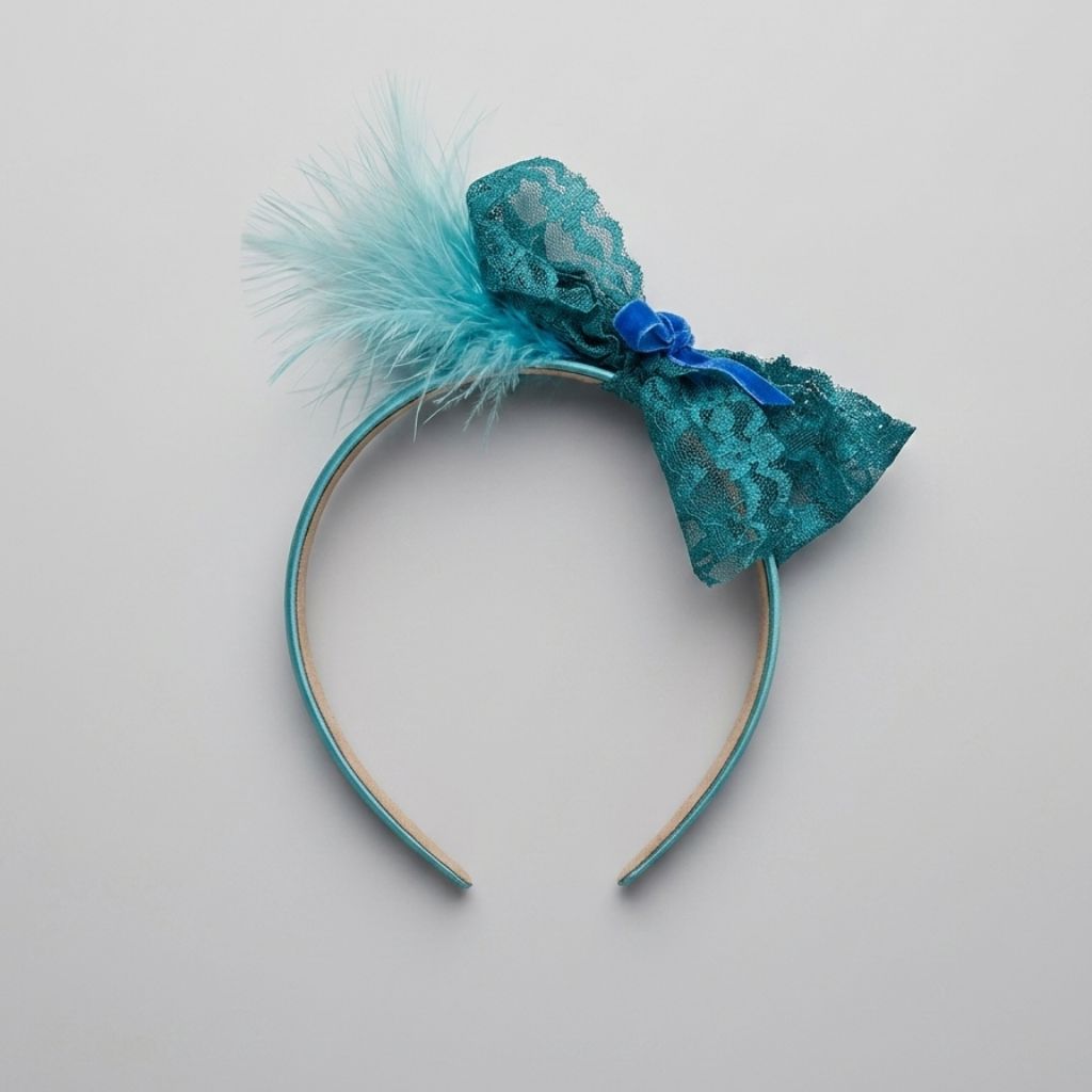 blue-feather-hairband-accessory.jpg Elegant blue feather hairband with lace and velvet bow detail on a plain background.