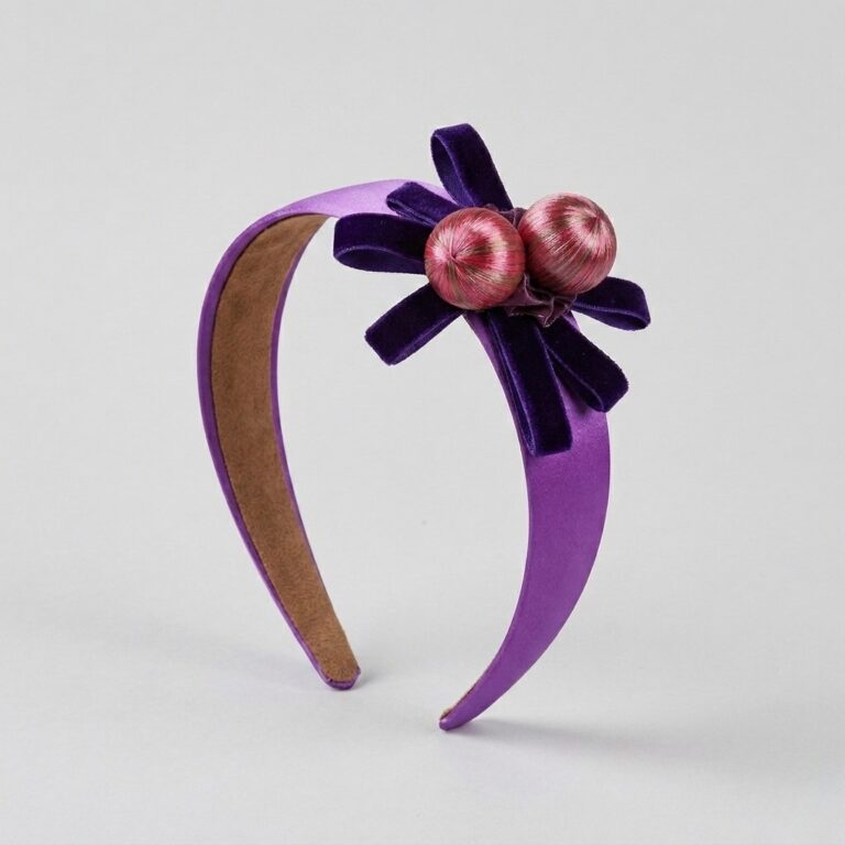 Elegant violet satin hairband by Histeria concept store, featuring artisanal decorative details.