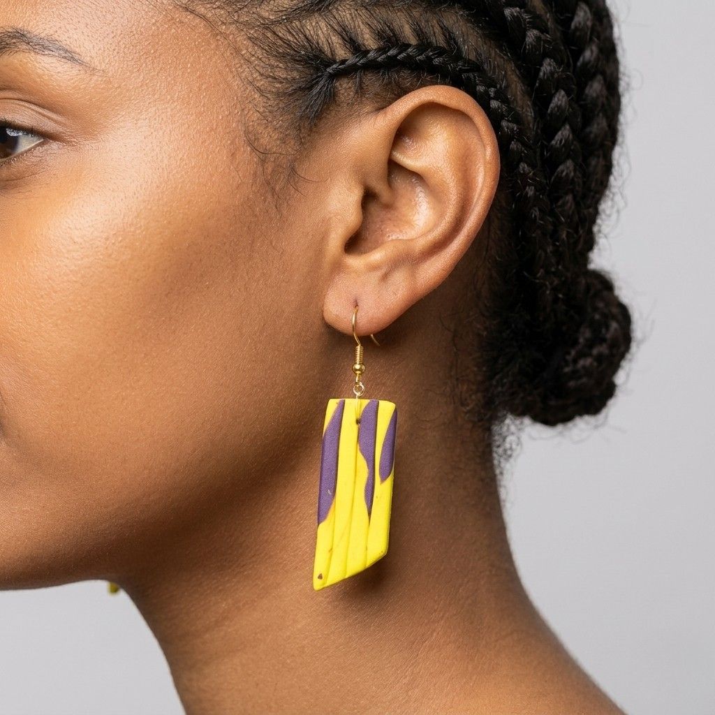 Handcrafted-Yellow-Purple-Polymer-Clay-Earrings-Flute-Histeria.jpg Close-up side profile of a woman wearing striking yellow and purple polymer clay Earrings Flut with gold-tone hooks.