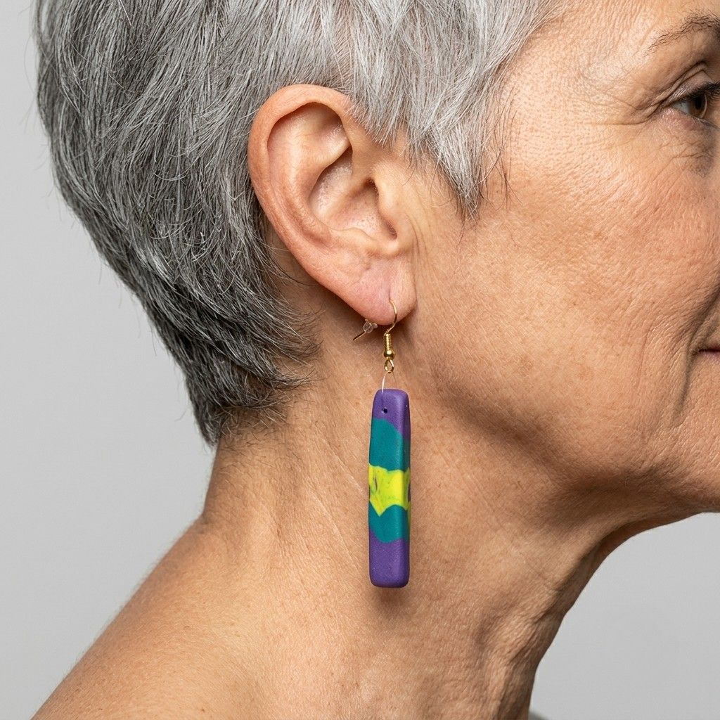 Handcrafted-Polymer-Clay-Earrings-Waterfall-Histeria-Concept-Store.jpg A close-up side view of a person wearing unique, handcrafted purple, green, and yellow polymer clay Earrings Waterfall with gold-tone hooks.