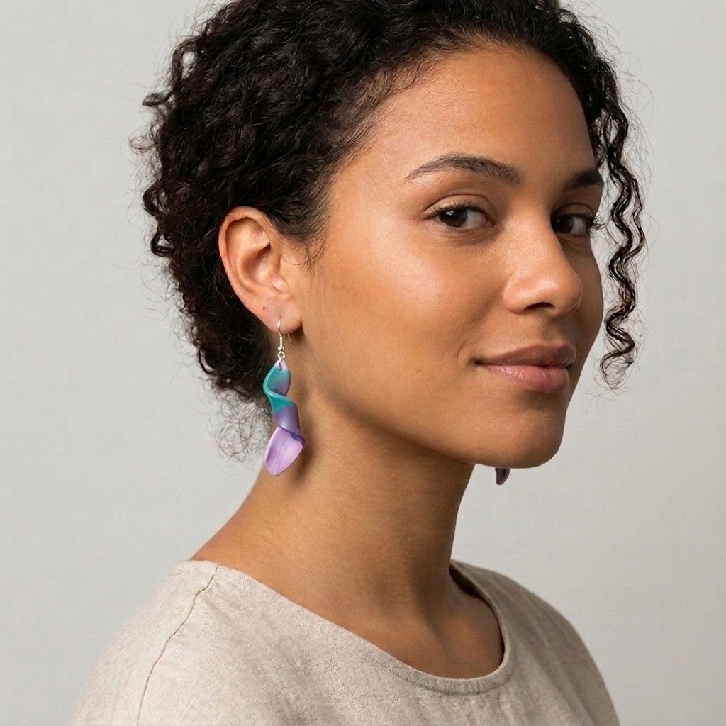 spiral-elegance-earrings-model.jpg Beautiful model wearing elegant purple, teal, and pink spiral polymer clay dangle earrings