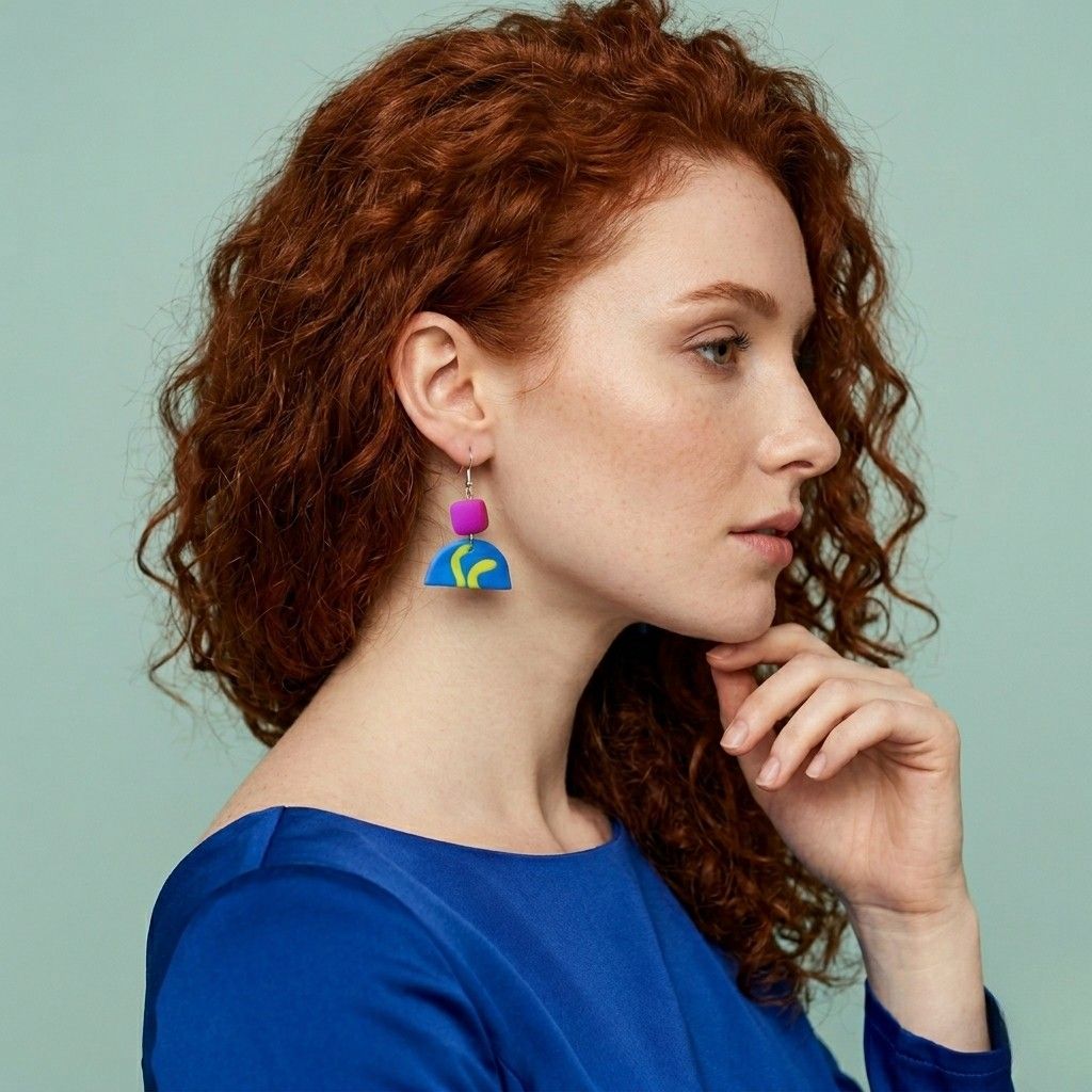 earrings-nessy-lifestyle-shot.jpg A side profile view of a woman wearing Earrings Nessy, handmade green, yellow, and pink statement earrings