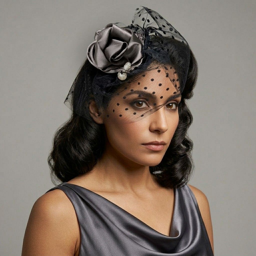 gray-satin-rose-fascinator-histeria-concept-store.jpg A stylish Gray Satin Rose Fascinator featuring pearl accents and polka-dot veiling by Histeria concept store.