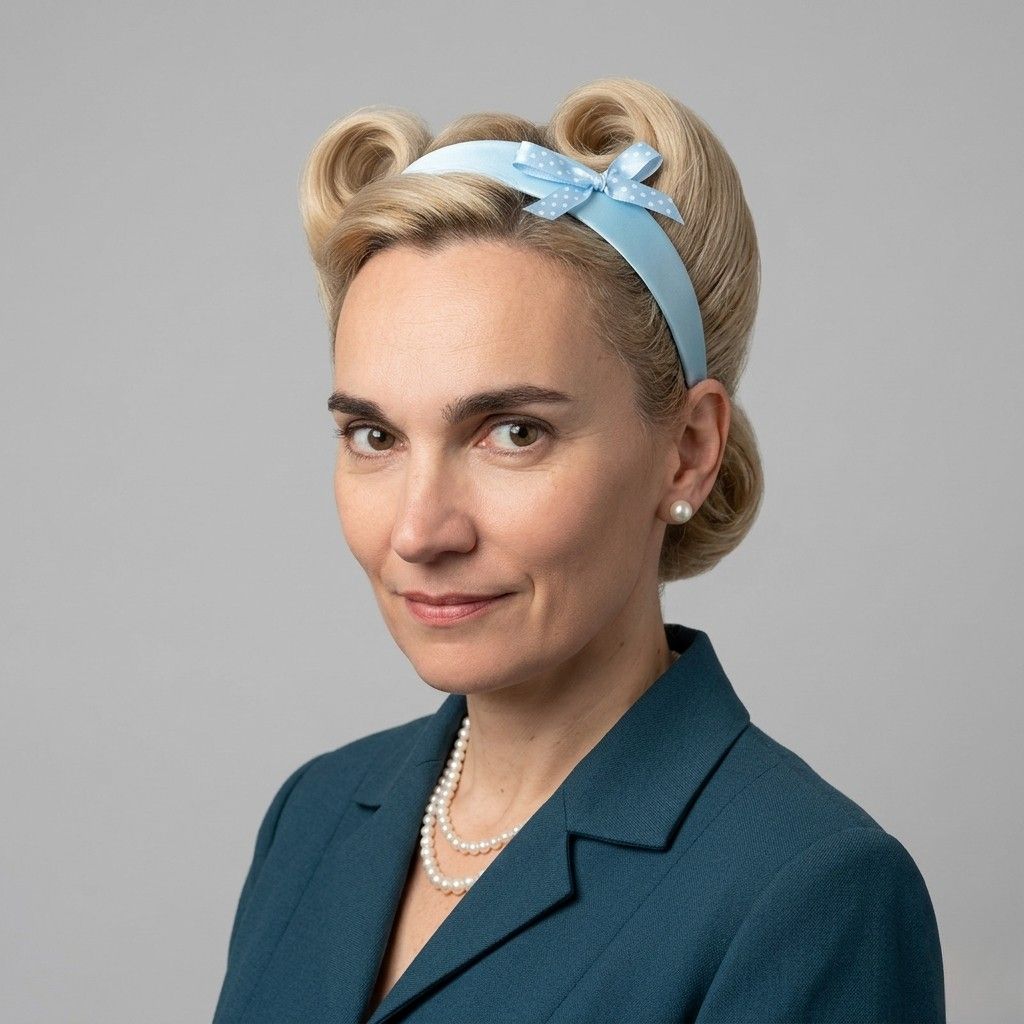 baby-blue-satin-headband-histeria-concept-store.jpg A vintage-inspired model wearing a charming satin Baby Blue Hairband with a polka-dot bow by Histeria concept store.