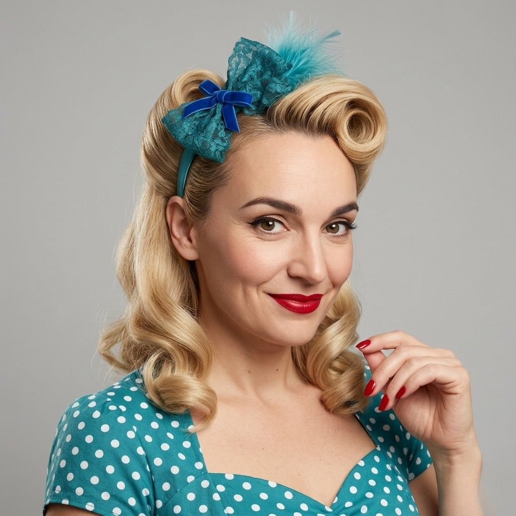 blue-feather-hairband-model.jpg Beautiful model wearing a blue feather hairband with vintage pin-up hairstyle.