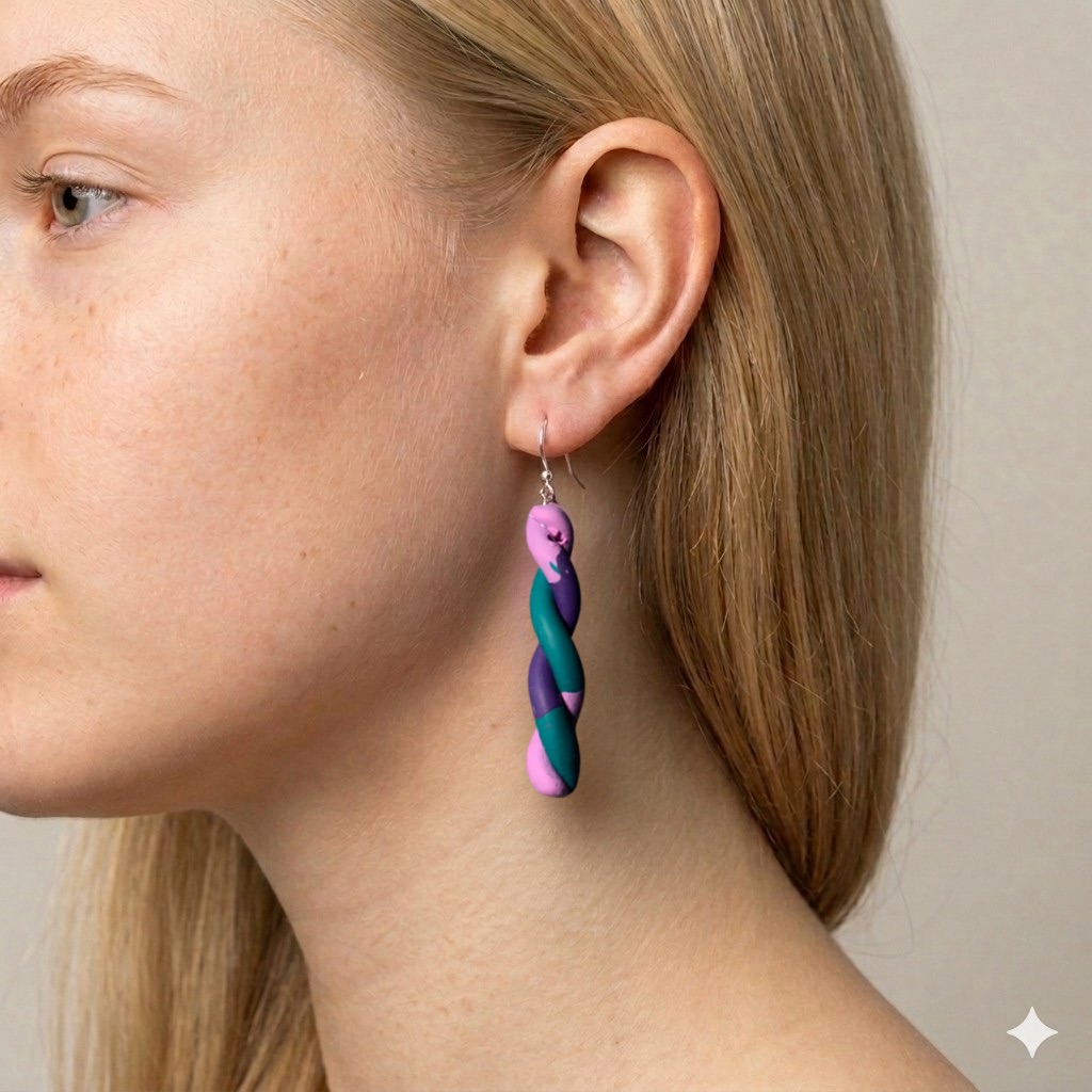 earrings-braids-model-close-up.jpg Close-up of a model wearing Earrings Braids: a tri-color green, purple, and pink braided polymer clay dangle earring
