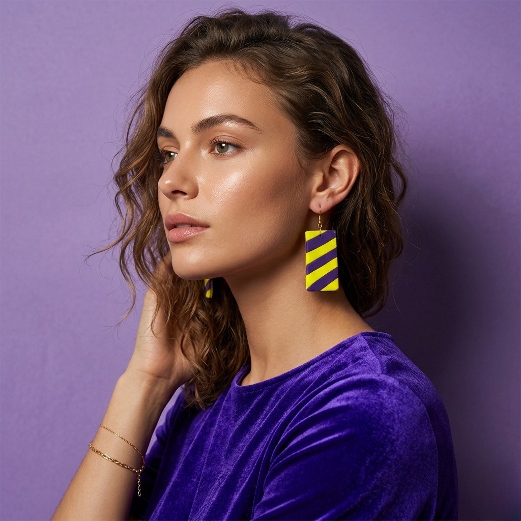 Handcrafted-Yellow-Purple-Striped-Polymer-Clay-Earrings-Stripes-Histeria.jpg A close-up side profile of a woman wearing striking yellow and purple striped polymer clay Earrings Stripes with gold-tone hooks.