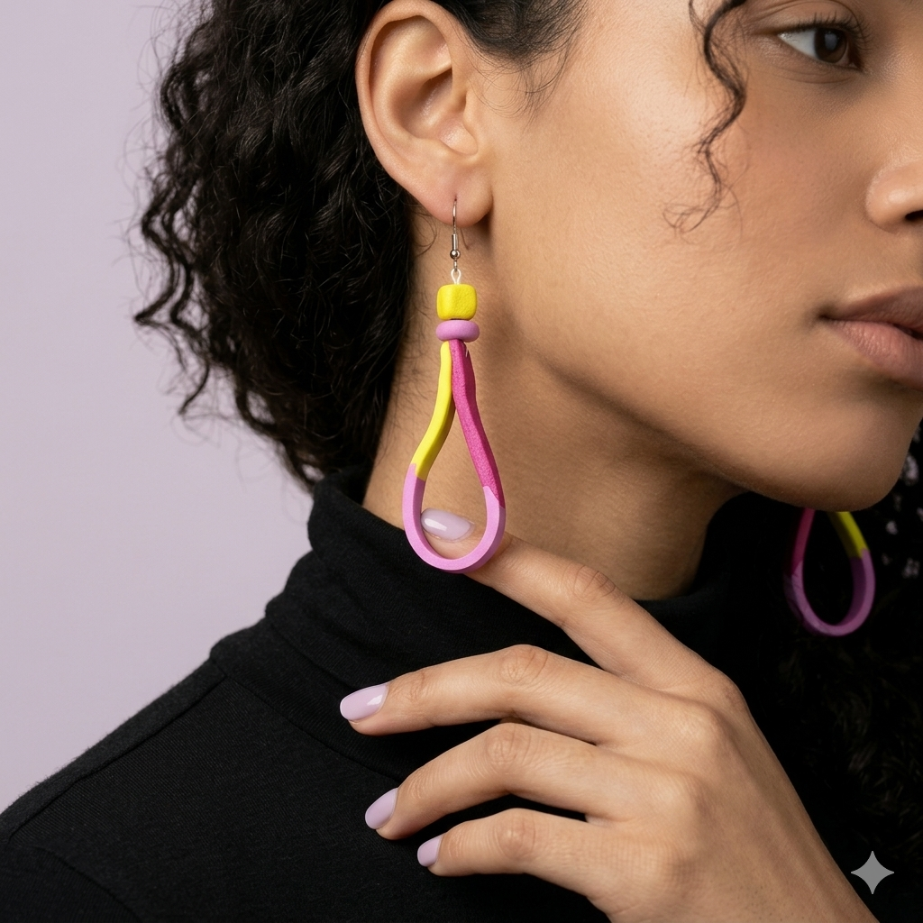 handmade-pink-yellow-polymer-clay-earrings-loop-histeria-concept-store.jpg Model wearing unique handmade pink and yellow Earrings Loop by Histeria concept store