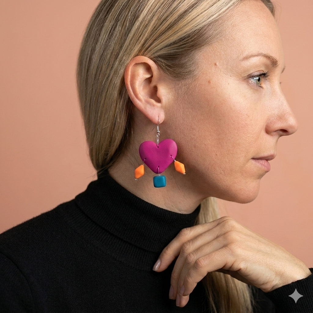 handmade-pink-heart-polymer-clay-earrings-histeria-concept-store.jpg Model wearing unique handmade pink heart polymer clay Earrings Heart with orange and teal accents by Histeria concept store.
