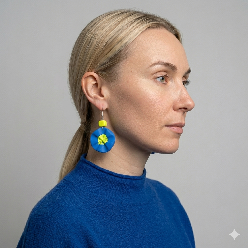 handmade-blue-lime-polymer-clay-earrings-wheel-histeria-concept-store.jpg Model wearing unique handmade blue and lime-yellow polymer clay Earrings Wheel by Histeria concept store, dressed in a matching blue sweater.
