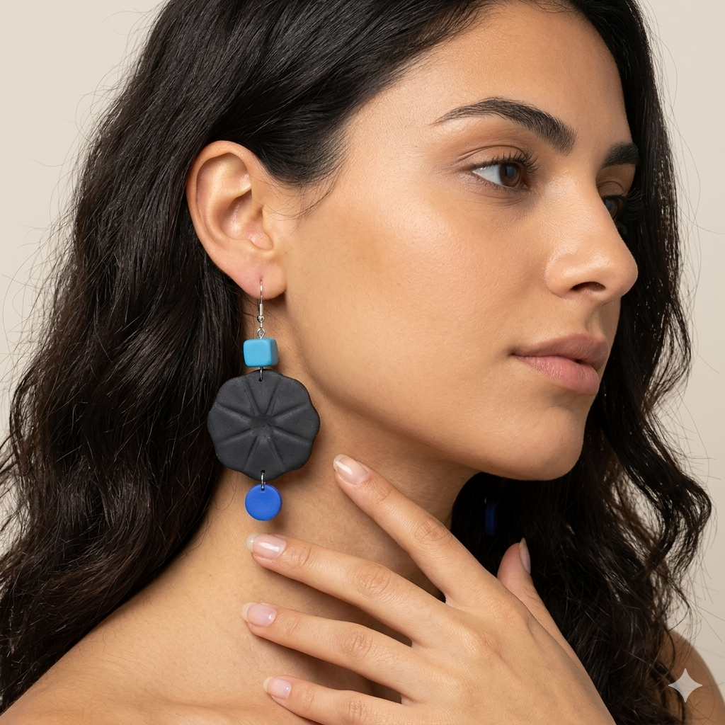earrings-black-flower-lifestyle-model.jpg Close-up side profile of a beautiful woman wearing elegant black floral polymer clay statement Earrings Black Flower.