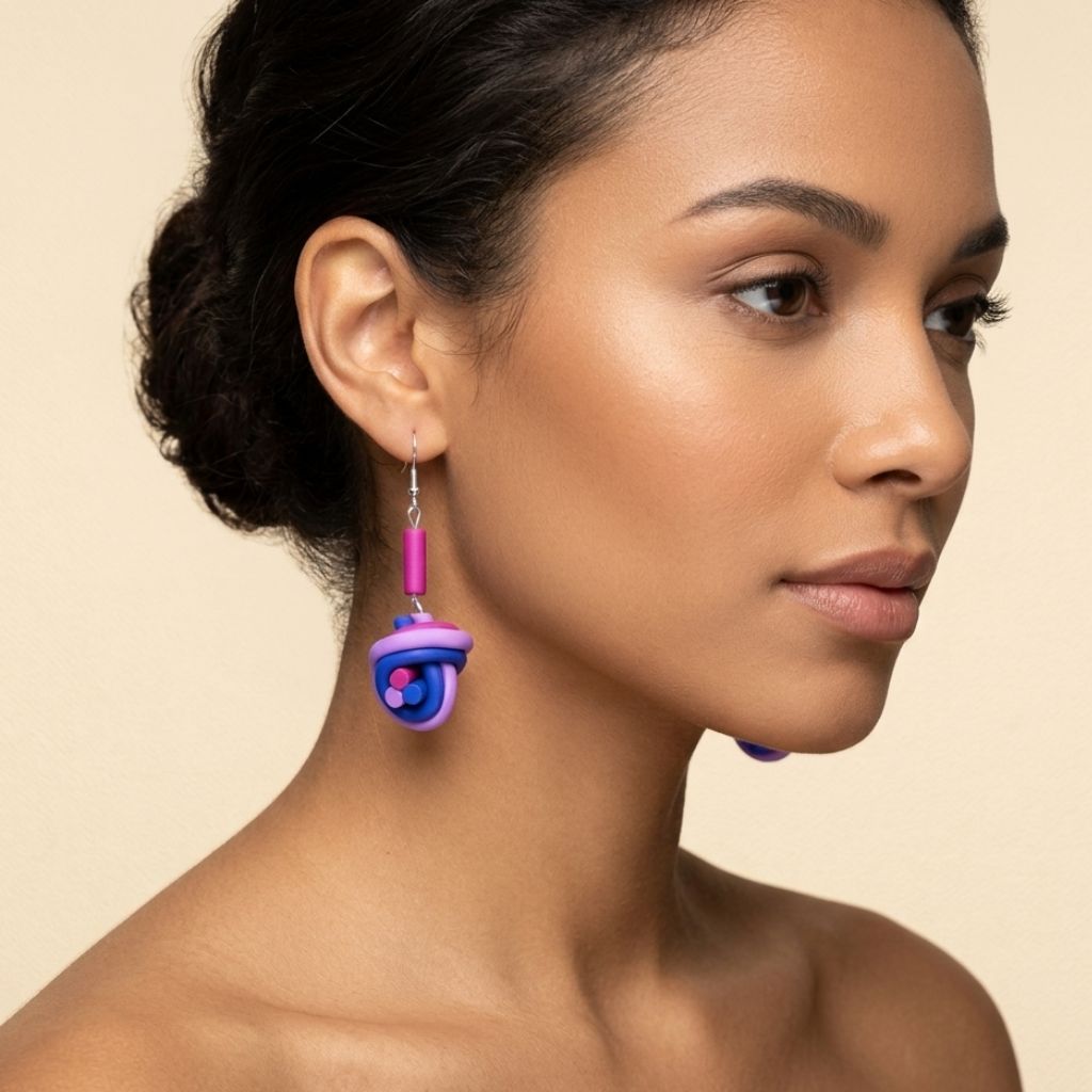 earrings-knot-pink-blue-polymer-clay-handcrafted.jpg Earrings Knot - Handcrafted 6.5cm pink and blue polymer clay knot-shaped statement earrings on silver-tone hooks.