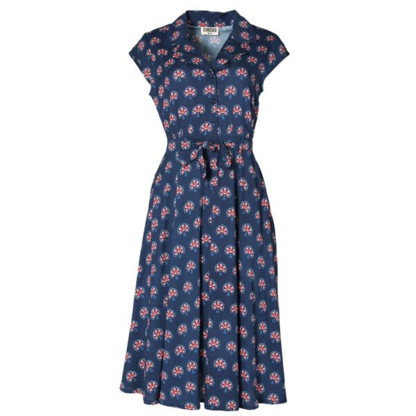 Haljina Peacock – tamnoplava 50s shirt dress s crvenim motivom pauna