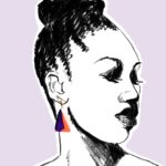 Ručno rađene trokutaste naušnice Piramida od polimerne gline s motivom u ljubičastoj i narančastoj boji.