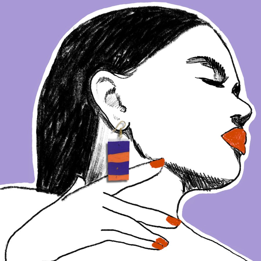 nausnice-bacon-polimerna-glina-histeria.jpg Ručno rađene pravokutne naušnice Bacon od polimerne gline s ljubičastim i narančastim prugama.