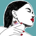 Ručno rađene naušnice Flakes na zlatnim kreolama s nizom terakota i lila listića od polimerne gline.