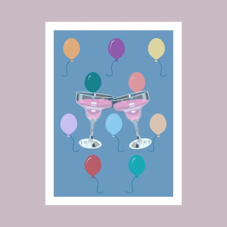 A festive Postcard Cocktail featuring clinking glasses and balloons, designed by Histeria concept store.