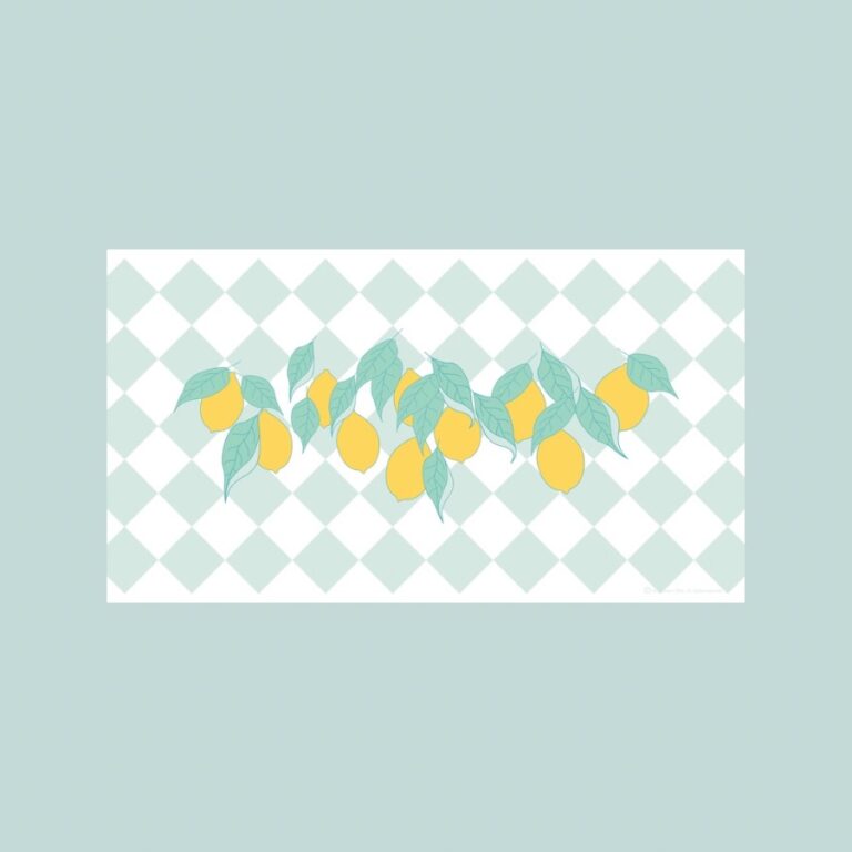 The distinct Print Lemons Green botanical art print, featuring yellow lemons and mint leaves on a white and green harlequin pattern, by Histeria concept store.