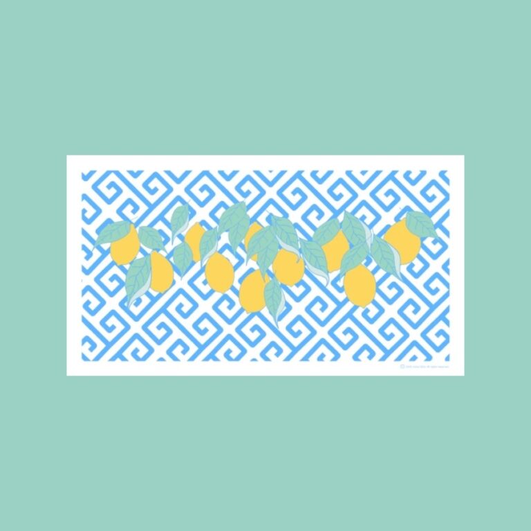 The elegant Print Lemons Greece art print, featuring yellow lemons and a blue Greek key design, created by Histeria concept store.