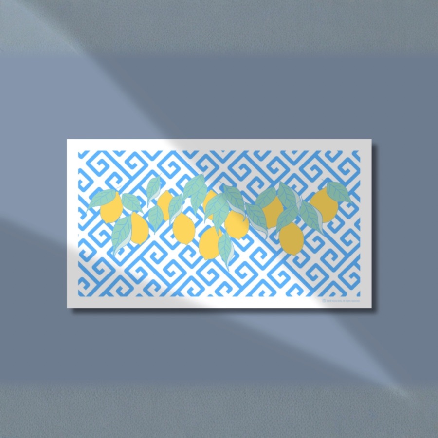 print-lemons-greece-histeria-concept-store.jpg The elegant Print Lemons Greece art print, featuring yellow lemons and a blue Greek key design, created by Histeria concept store.