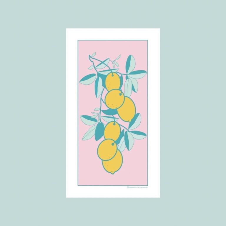 A beautiful Print Lemons Blue art print featuring yellow lemons on a blue and white diamond background, designed by Histeria concept store.