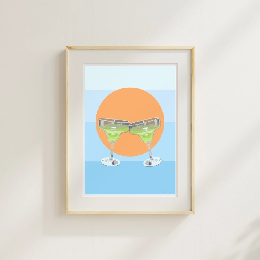 Print-Summer-Vibes-Histeria-concept-store.jpg A vibrant Print Summer Vibes featuring clinking cocktail glasses, available at Histeria concept store.