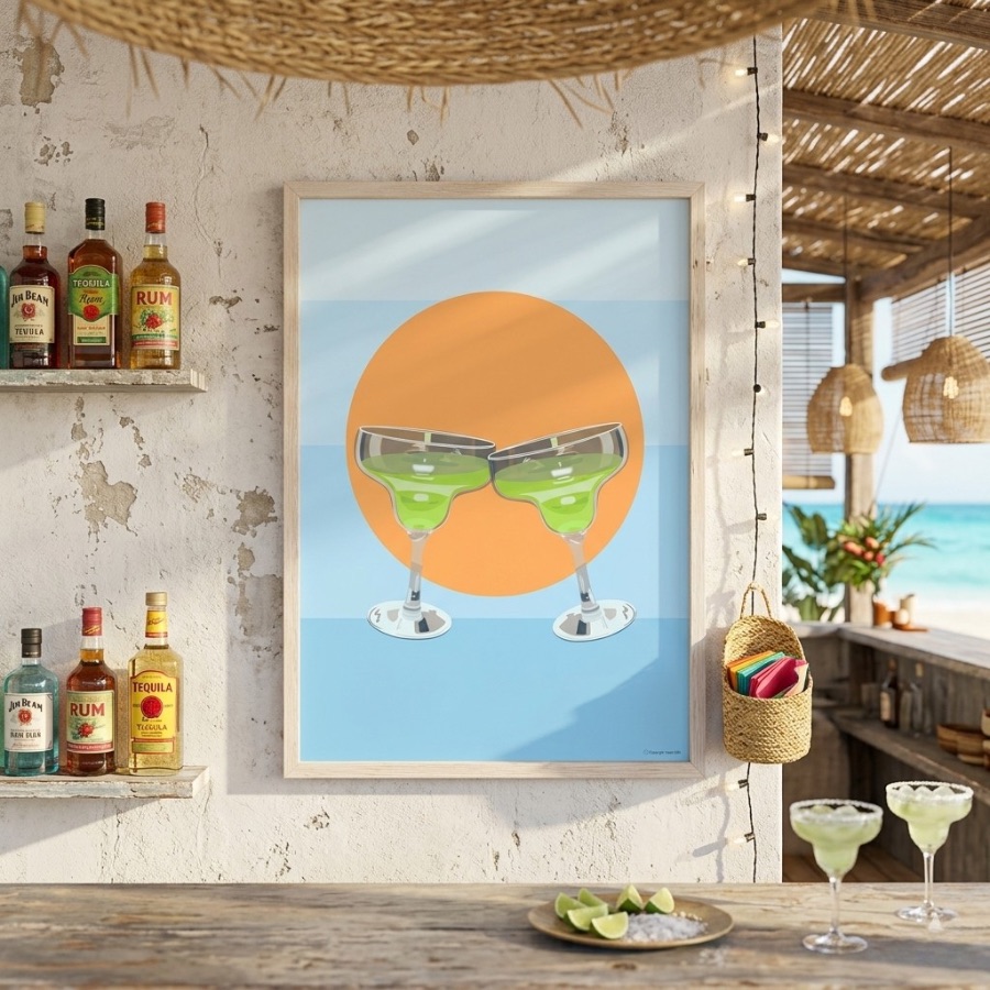 Print-Summer-Vibes-Histeria-concept-store.jpg A vibrant Print Summer Vibes featuring clinking cocktail glasses, available at Histeria concept store.