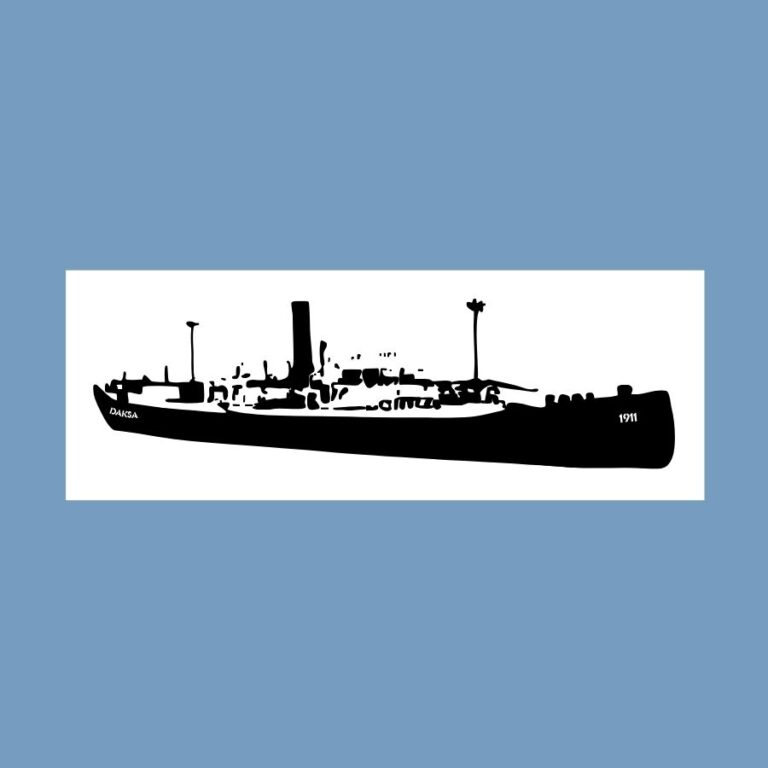 text: A framed black and white minimalist Print Steamship of the vessel "Daksa 1911", curated by Histeria Concept Store.