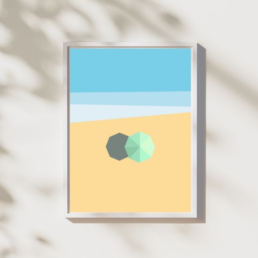print-yellow-beach-minimalist-coastal-art-histeria-concept-store.jpg A vibrant minimalist Print Yellow Beach illustration featuring colorful umbrellas, curated by Histeria Concept Store.