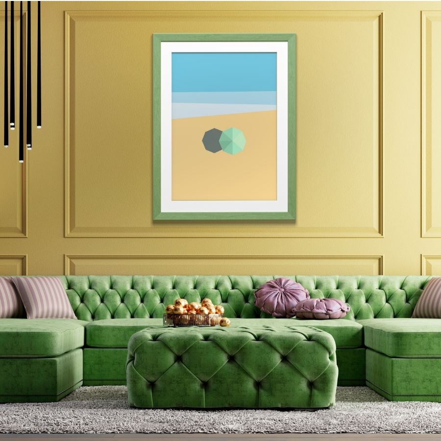 print-yellow-beach-minimalist-coastal-art-histeria-concept-store.jpg A vibrant minimalist Print Yellow Beach illustration featuring colorful umbrellas, curated by Histeria Concept Store.